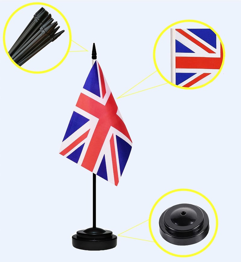 tibijoy UK Flags British Desk Table Flag Set Small Mini United Kingdom Table Office Flag with 13" Black Pole, Black Base and Spear Top,Miniature British Deluxe Desktop Flag, Home Decoration, Office Decoration, Festival Celebrations(12 Pack ) - Image 3